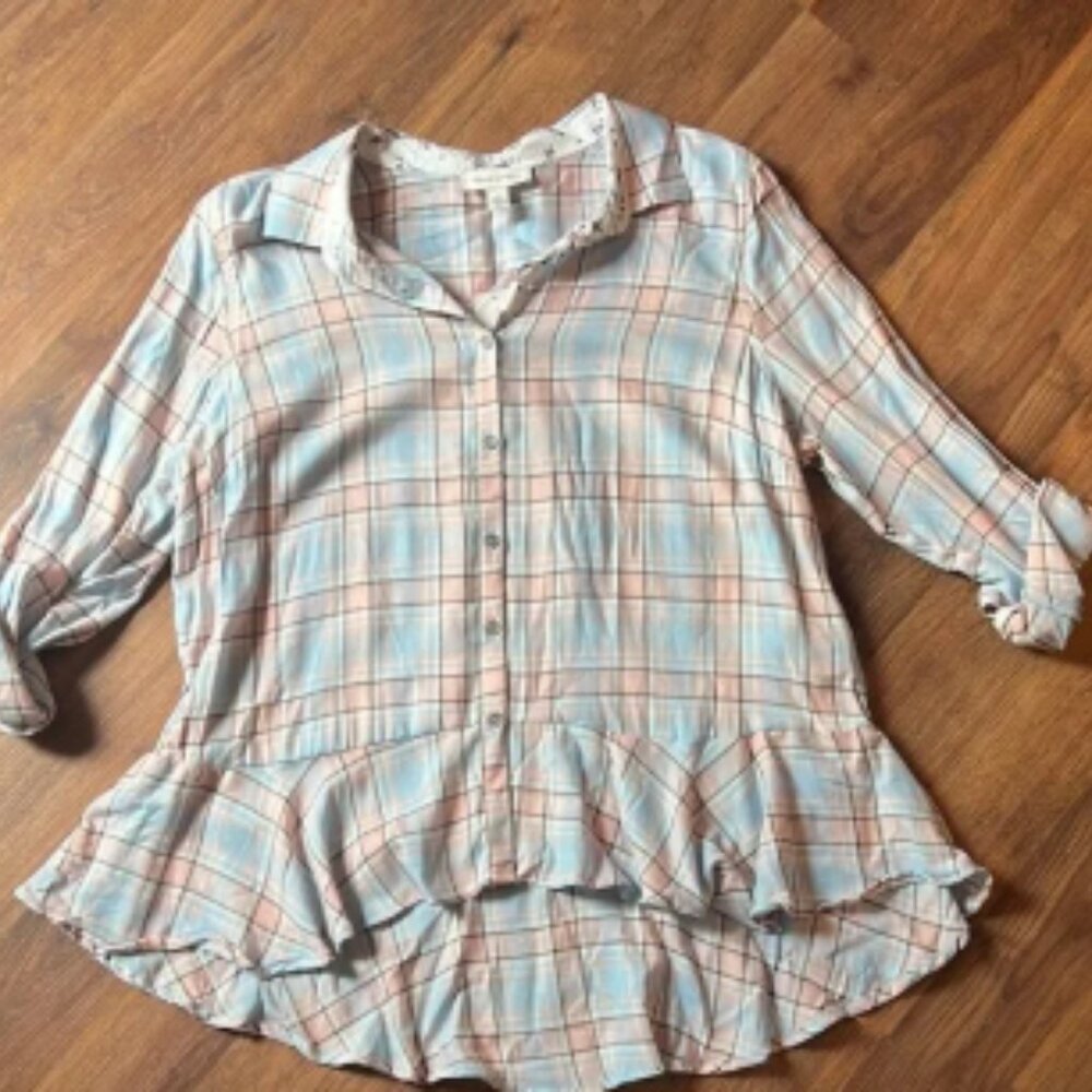 NWT - Pastel Pink and Blue Plaid Button Down Blouse with Ruffle Bottom